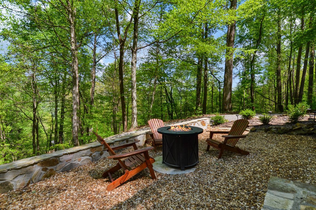 1213 Mountain Oak Road Ellijay, GA 30536 - Photo 49 of 65 a view of a patio with table and chairs potted plants and large tree