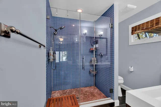 a bathroom with a toilet and shower