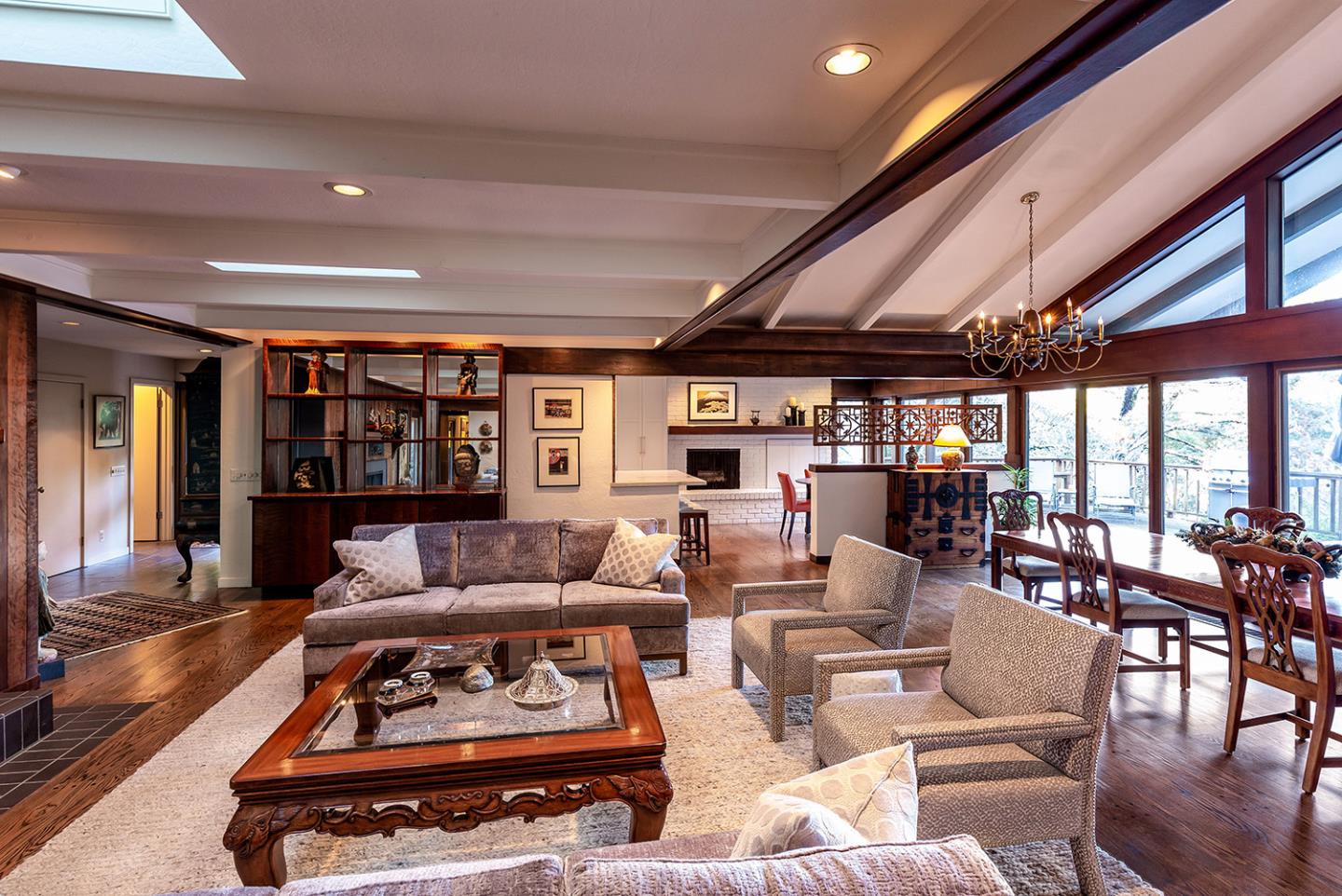 1255 La Honda Road Woodside, CA 94062 - Photo 13 of 26 a living room with furniture a rug kitchen view and a large window