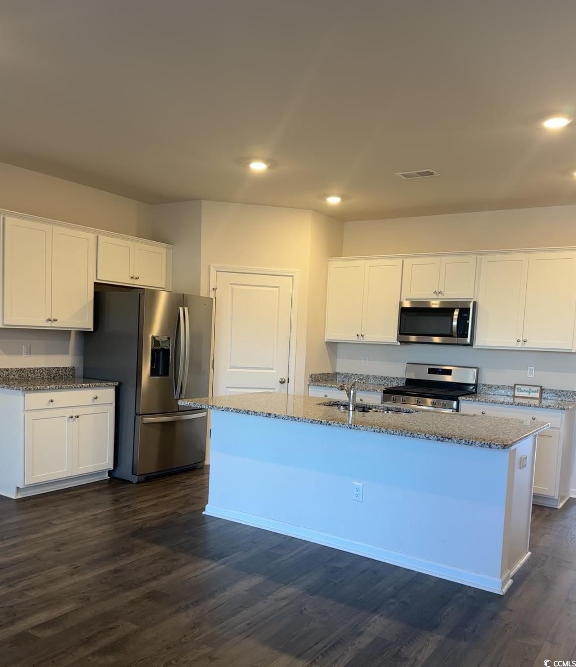 3789 Bells Lk Circle Longs, SC 29568 - Photo 3 of 26 Kitchen with white cabinets, appliances with stainless steel finishes, light stone counters, dark wood-style flooring, and recessed lighting
