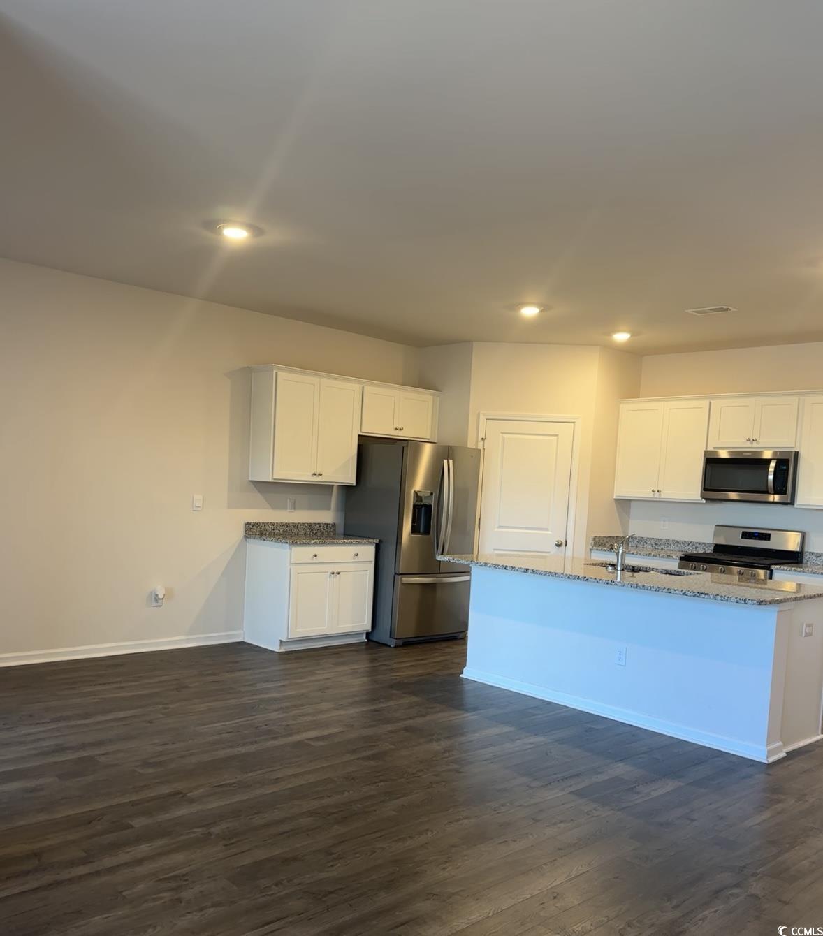 3789 Bells Lk Circle Longs, SC 29568 - Photo 5 of 26 Kitchen featuring white cabinetry, light stone countertops, appliances with stainless steel finishes, recessed lighting, and dark wood-style floors