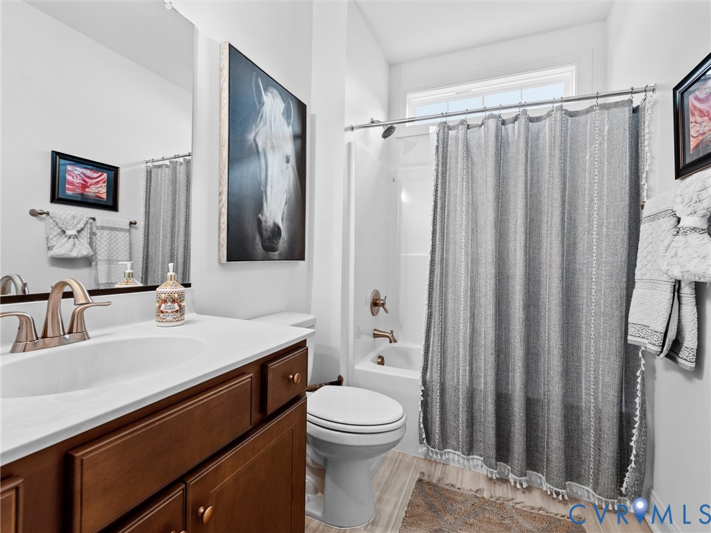 16106 Cambian Lane Chesterfield, VA 23832 - Photo 42 of 50 a bathroom with a sink a toilet a mirror and shower curtain