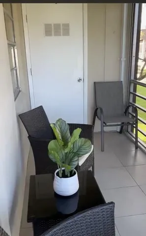 a view of a living room with a potted plant and a rug