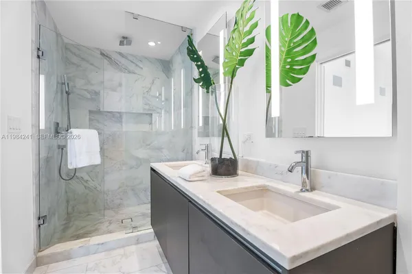 a bathroom with a sink a mirror and a shower