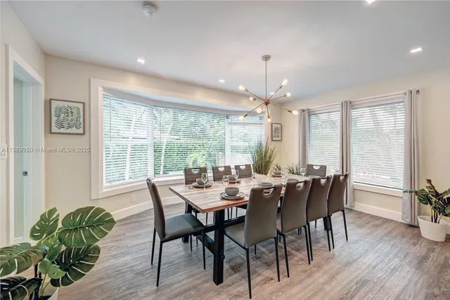 a view of a dining room with furniture window and outside view