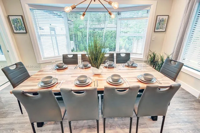 a view of a dining room that has a table and chairs