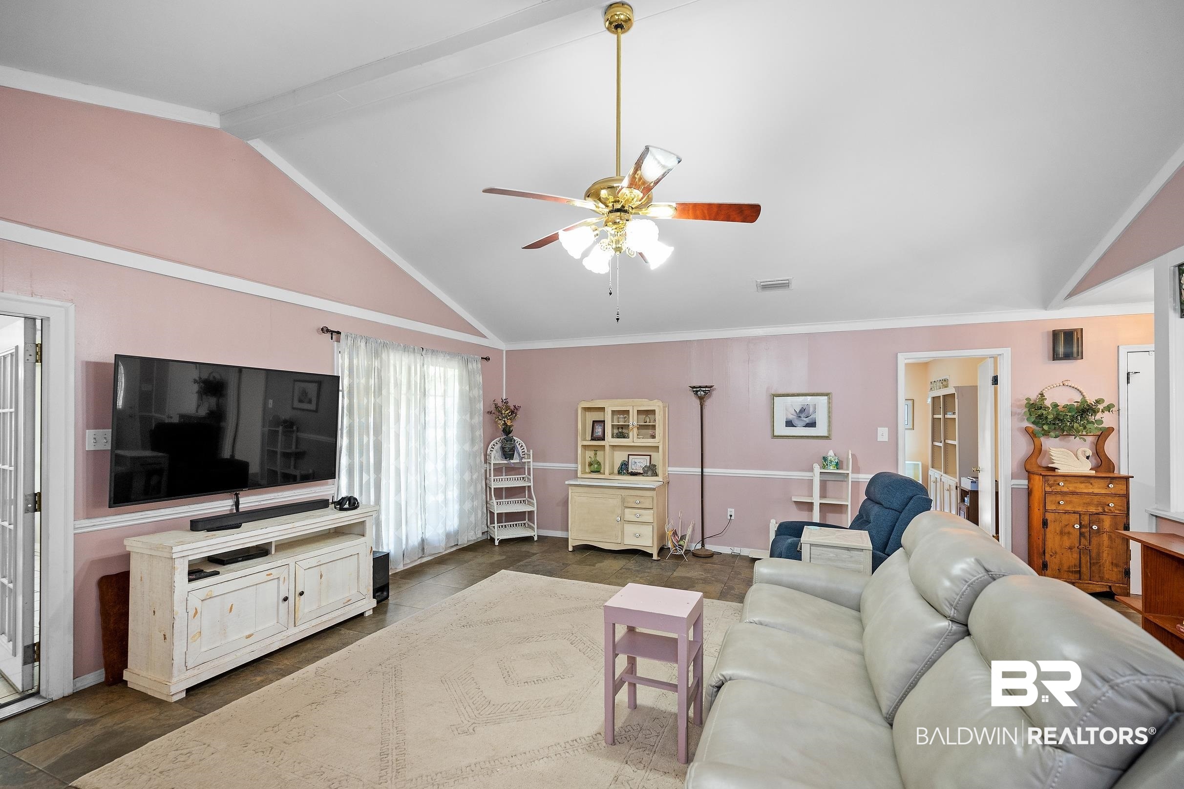 4026 Kingsrow Row Mobile, AL 36619 - Photo 7 of 51 Living room with ceiling fan and crown molding