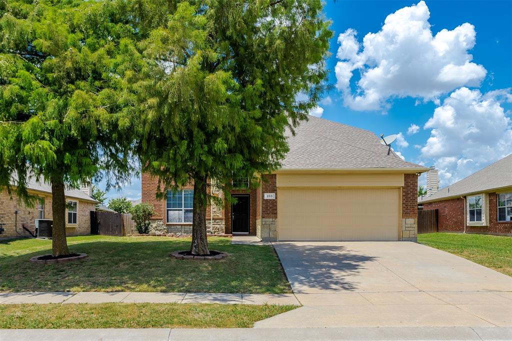 203 Arabian Road Waxahachie, TX 75165 - Photo 24 of 24 Brick and stone facade residence featuring a two-car garage with a tan door, a gabled roof, and a concrete driveway