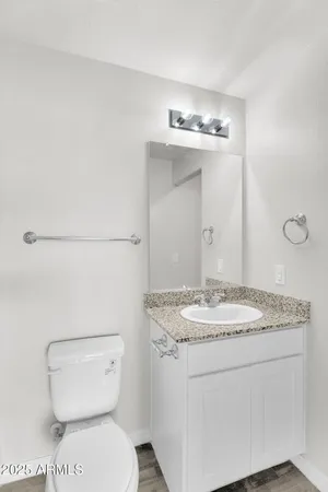 a bathroom with a granite countertop toilet sink and mirror
