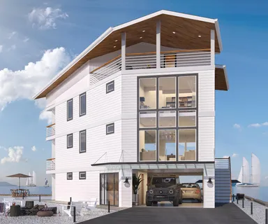 a front view of a building with large windows