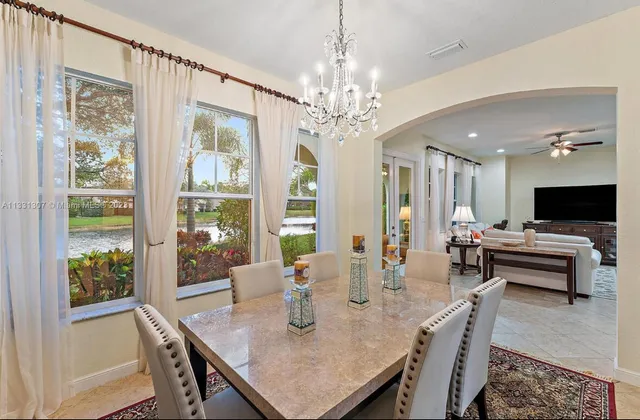 a view of a dining room with furniture window and outside view