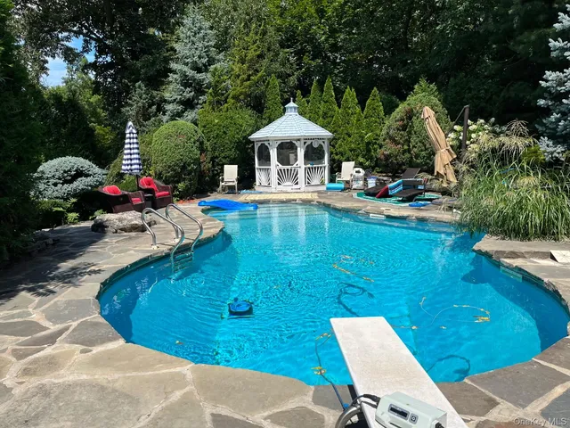 a view of a house with pool plants and chairs