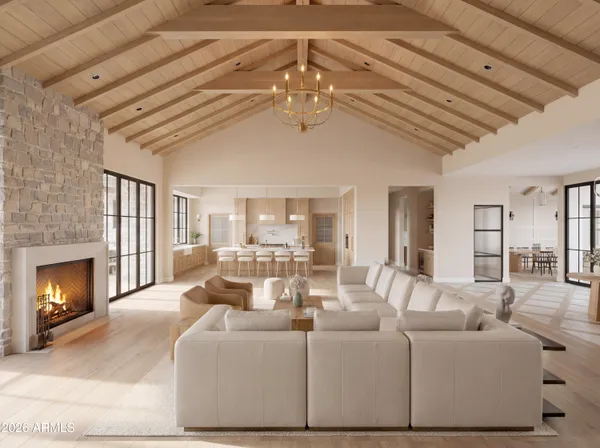 a bedroom with bed and a fireplace