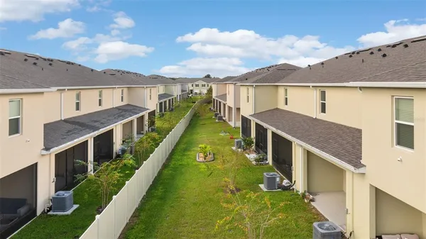 a aerial view of a house with a yard