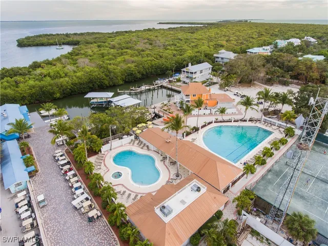 an aerial view of a swimming pool
