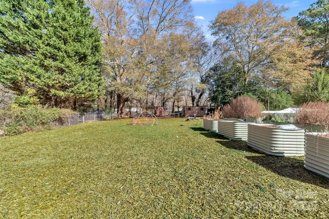 a garden with trees in front of it