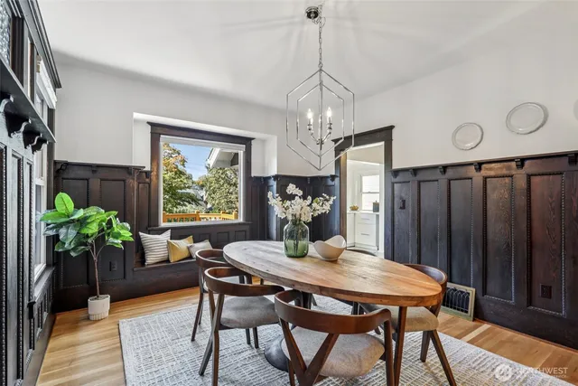 a view of a dining room with furniture window and wooden floor