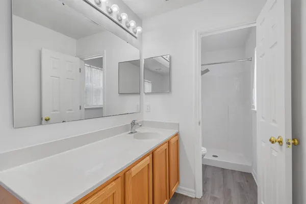 a bathroom with a sink a double vanity and a mirror