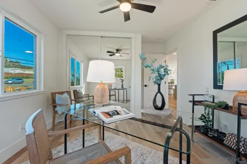 a view of a backyard with a garden and plants