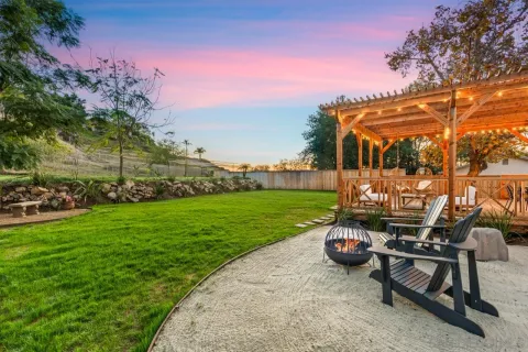 an outdoor space with furniture