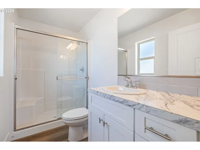 a bathroom with a granite countertop sink a toilet and shower