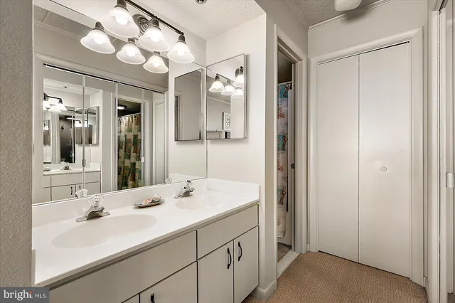 a bathroom with a sink vanity and a mirror