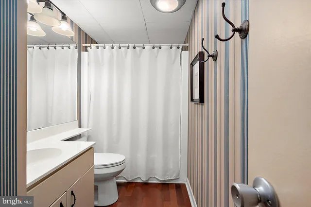 a bathroom with a shower curtain and a sink