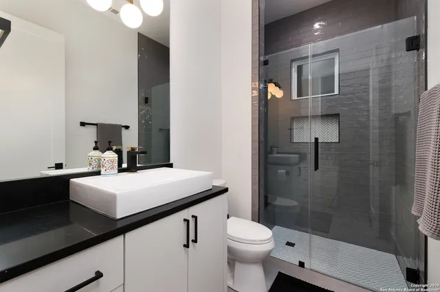 a bathroom with a sink a toilet a mirror and shower