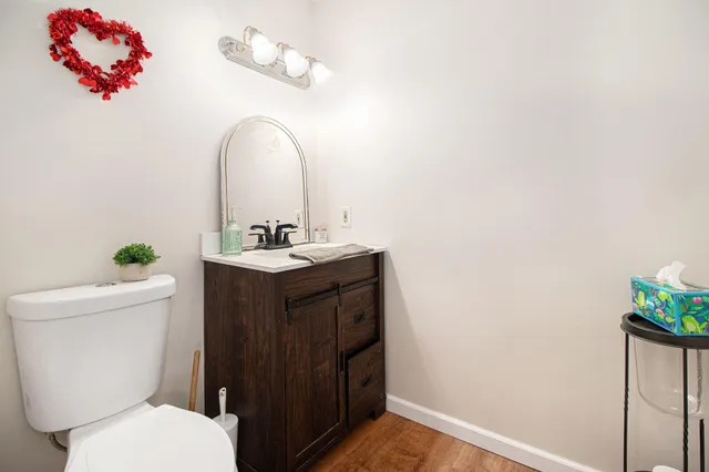 a bathroom with a sink vanity and a toilet