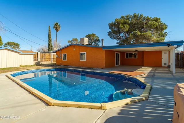 a view of a pool with a backyard