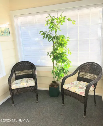 a living room with a table and a potted plant