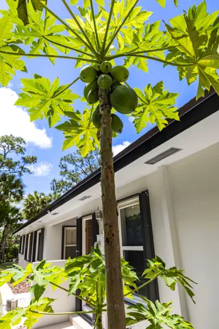 an aerial view of residential houses with outdoor space and seating