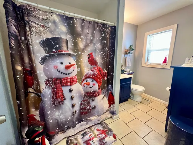 a bathroom with a toilet and a shower curtain