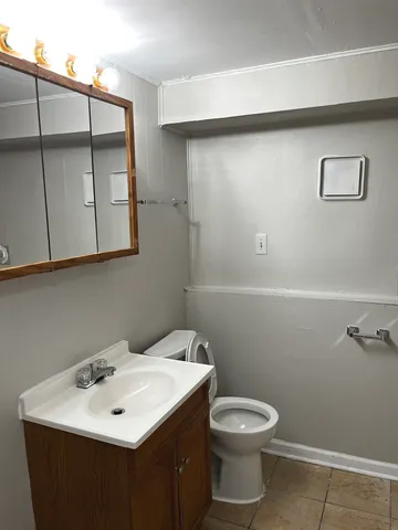 a bathroom with a sink a toilet and mirror