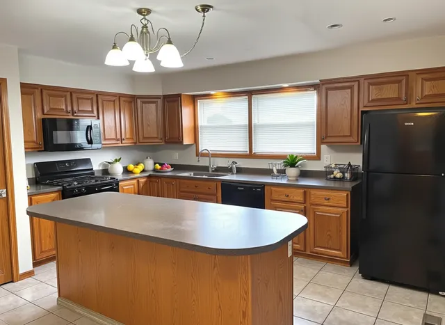 a kitchen with stainless steel appliances granite countertop a sink a stove a refrigerator a microwave oven with cabinets and wooden floor