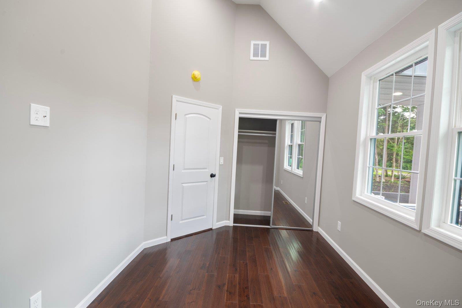 568 Granny Road Medford, NY 11763 - Photo 8 of 22 Unfurnished bedroom featuring dark wood-type flooring, high vaulted ceiling, and a closet