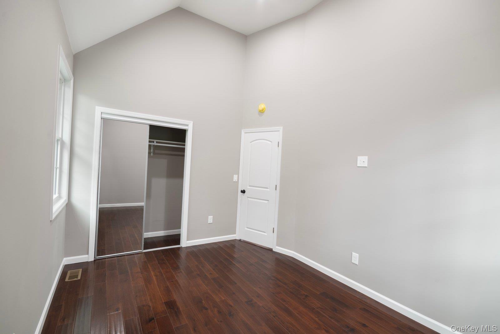 568 Granny Road Medford, NY 11763 - Photo 9 of 22 Unfurnished bedroom with dark wood-type flooring, high vaulted ceiling, and a closet