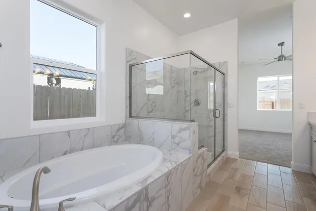 a bathroom with a bathtub and shower