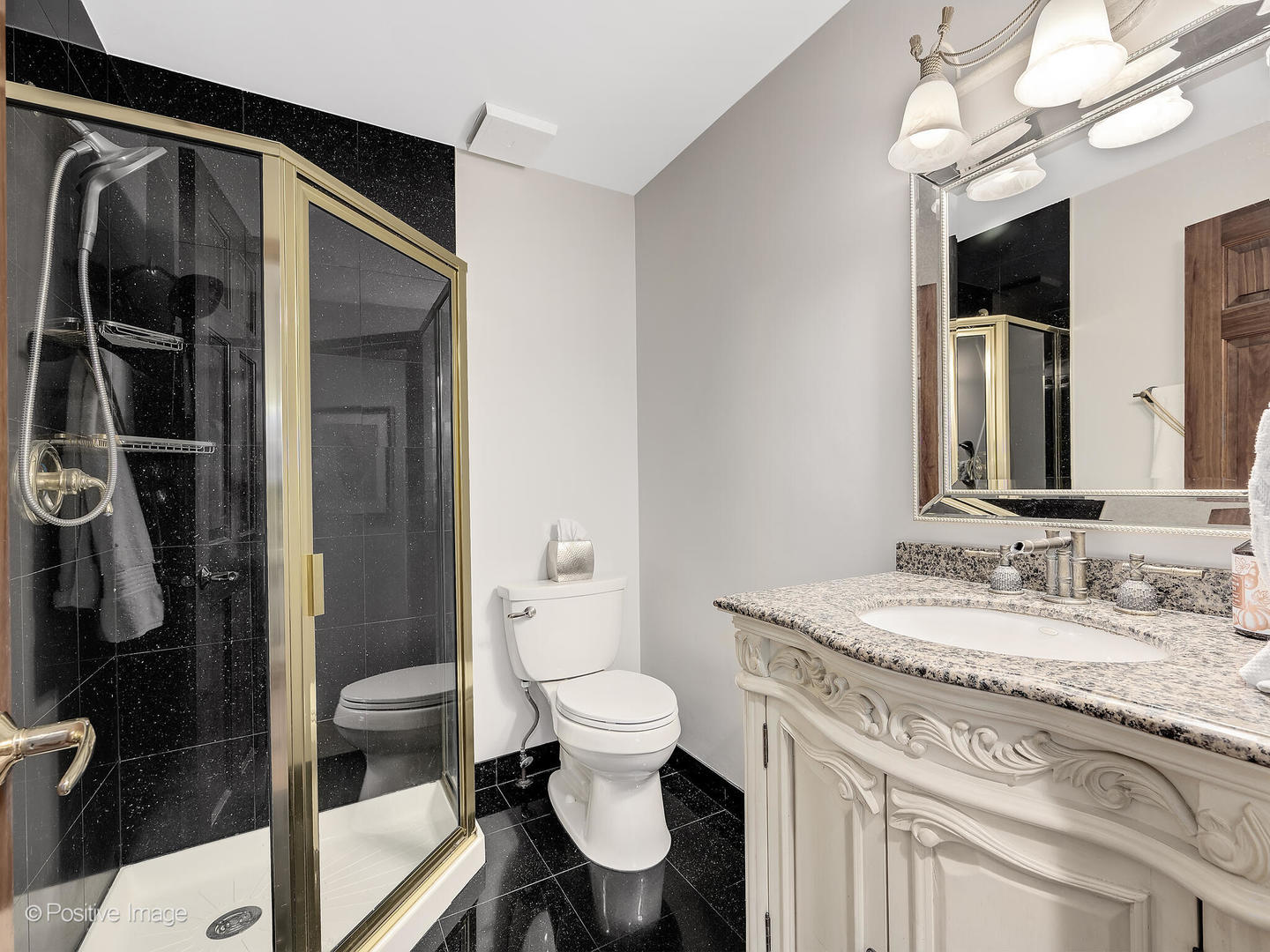 541 68th Street Willowbrook, IL 60527 - Photo 18 of 43 a bathroom with a granite countertop sink a toilet a mirror and shower