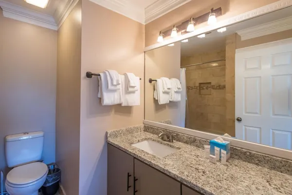 a bathroom with a granite countertop sink a toilet a mirror and shower