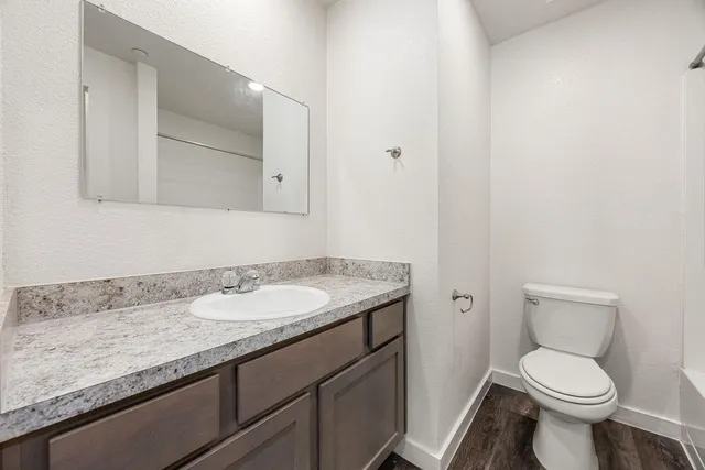 a bathroom with a granite countertop toilet sink and mirror