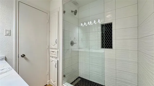 a bathroom with a shower and a sink