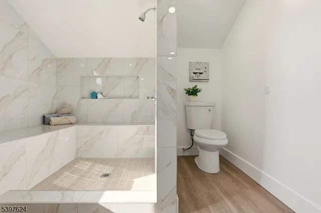 a bathroom with a toilet and a shower