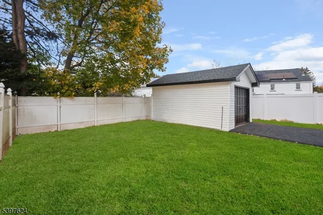 a view of a backyard with plants and large tree