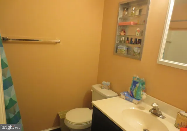 a bathroom with a sink mirror vanity and toilet