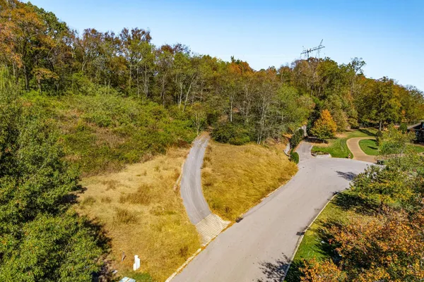an aerial view of residential houses with outdoor space and trees