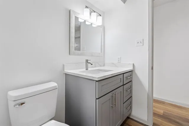 a bathroom with a sink toilet and a mirror