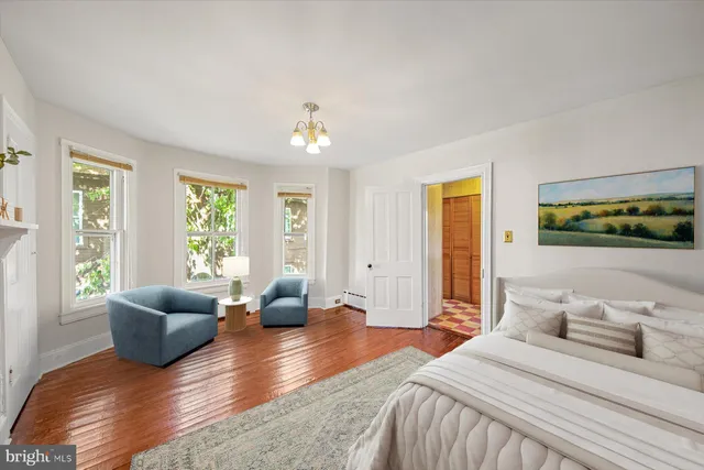 a bedroom with furniture and wooden floor