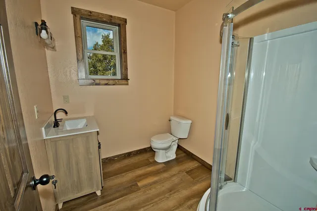 a bathroom with a sink a toilet and shower