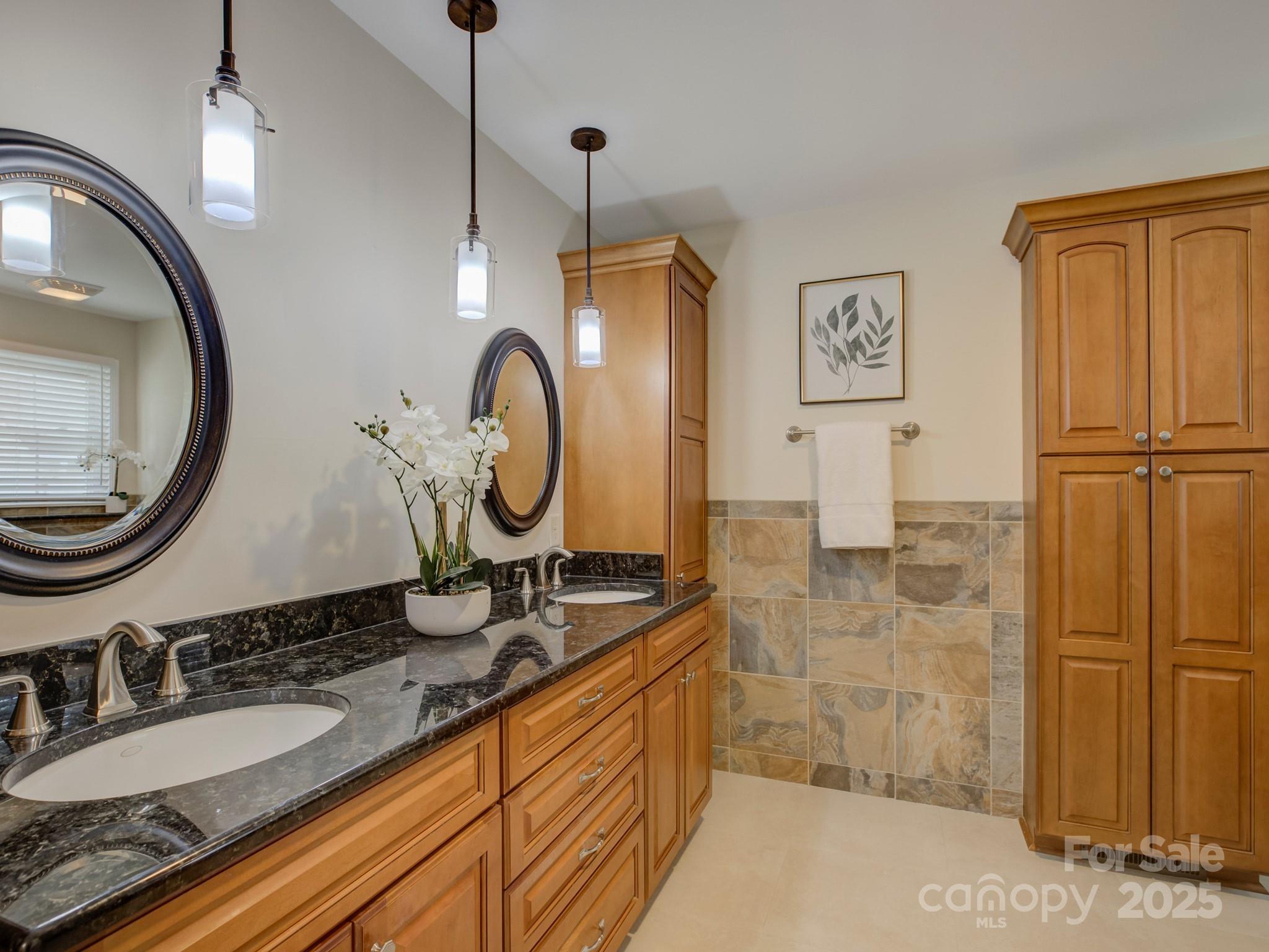 1340 Braeburn Road Charlotte, NC 28211 - Photo 32 of 46 a bathroom with a granite countertop sink a mirror and shower